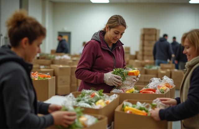Volunteers sorting food parcels at a food bank